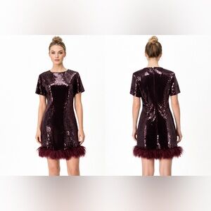 Express Burgundy Sequin Feather Hem Cocktail Mini Glam Party Holiday Dress SZ-M